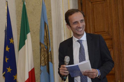 Il governatore del Friuli Venezia Giulia, Massimiliano Fedriga, annuncia nel corso di una conferenza stampa, 
svoltasi nel salone di rappresentanza della Regione a Trieste, i componenti della nuova Giunta regionale.